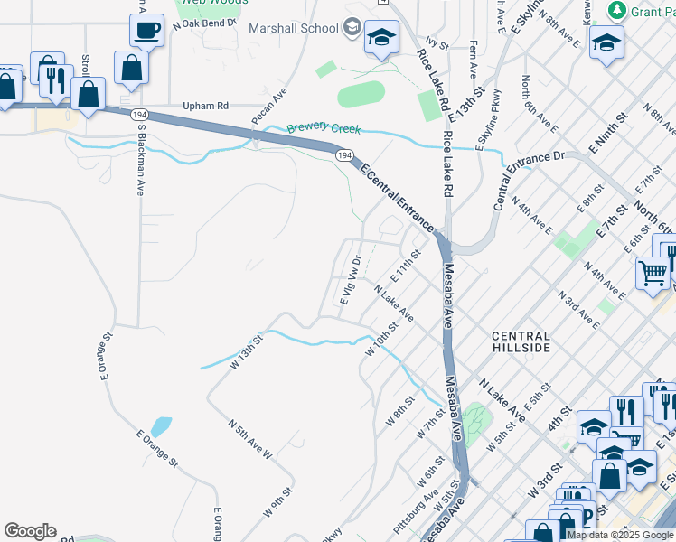 map of restaurants, bars, coffee shops, grocery stores, and more near 1 Village View Drive in Duluth