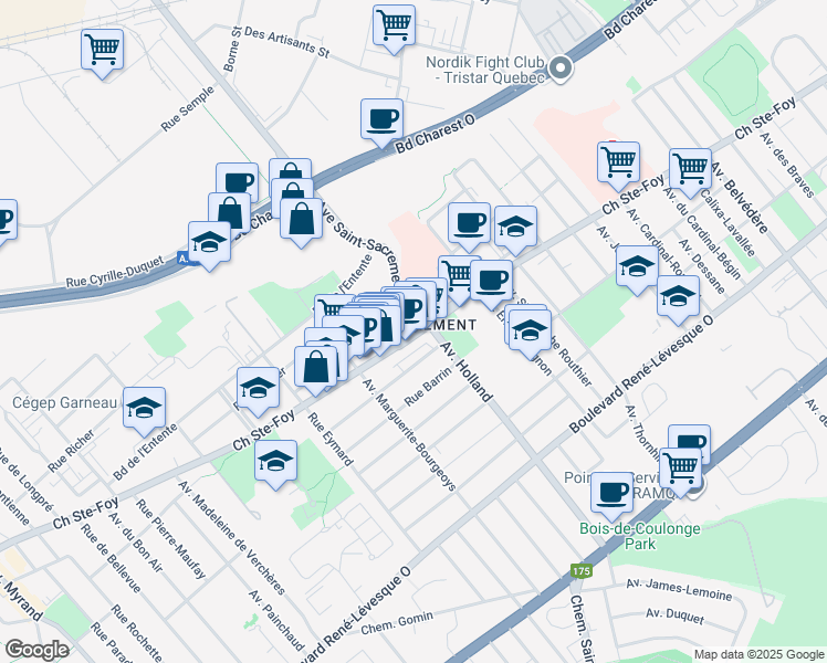 map of restaurants, bars, coffee shops, grocery stores, and more near 1330 Sainte-Foy Ch in Québec