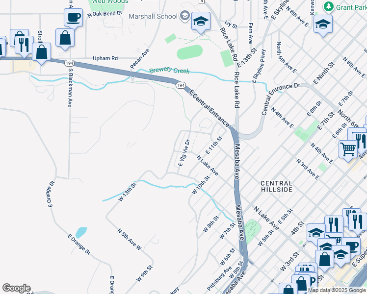 map of restaurants, bars, coffee shops, grocery stores, and more near 1 East Village View Drive in Duluth