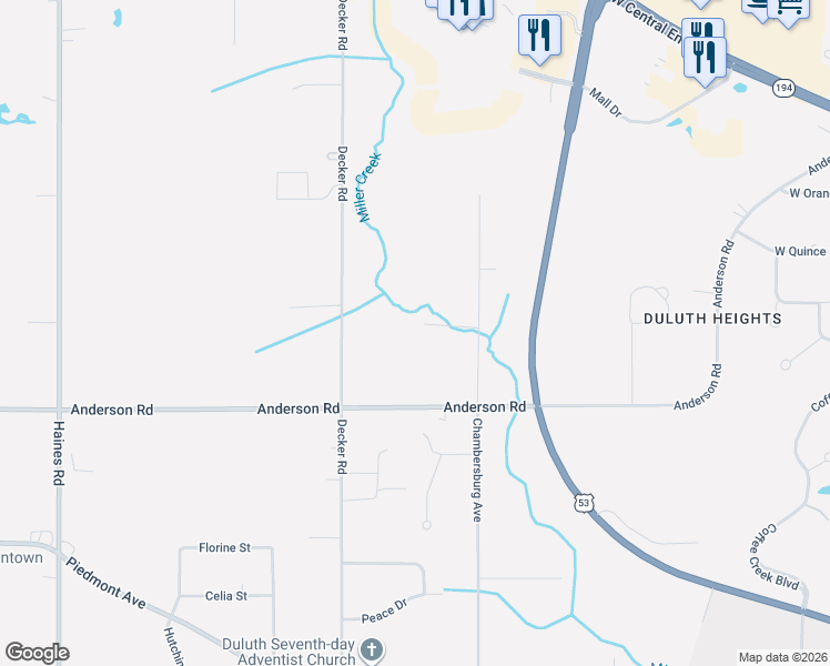 map of restaurants, bars, coffee shops, grocery stores, and more near 3915 Chambersburg Avenue in Duluth