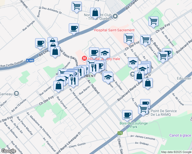map of restaurants, bars, coffee shops, grocery stores, and more near in Québec