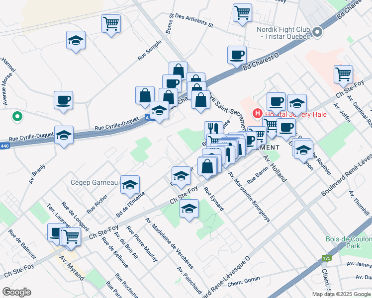 map of restaurants, bars, coffee shops, grocery stores, and more near 1460 Boulevard de l'Entente in Ville de Québec