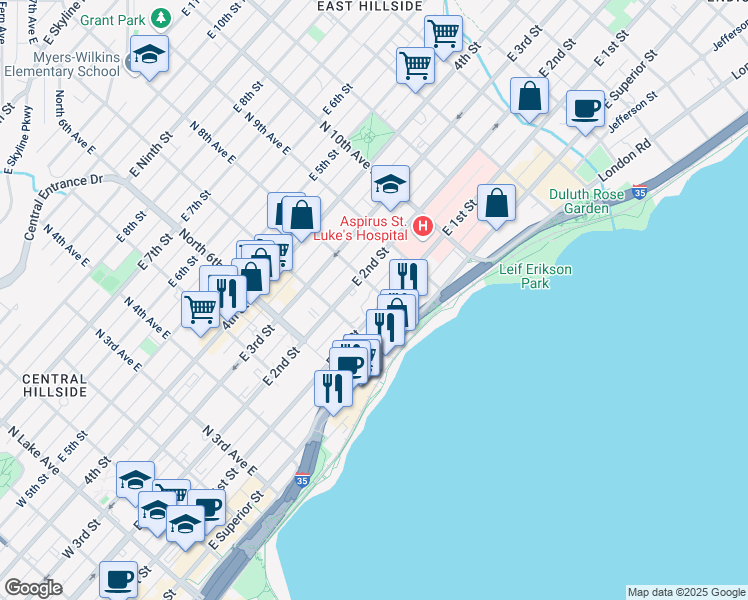 map of restaurants, bars, coffee shops, grocery stores, and more near 801 East 1st Street in Duluth