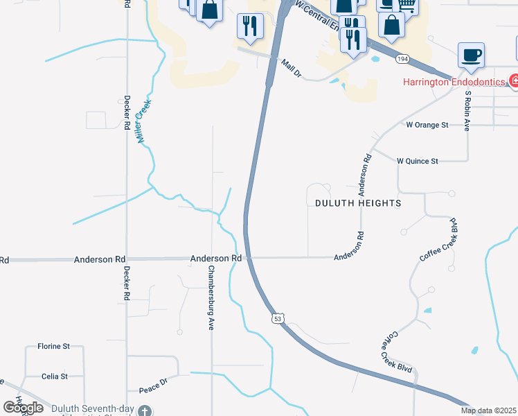 map of restaurants, bars, coffee shops, grocery stores, and more near 3922 Trinity Road in Duluth