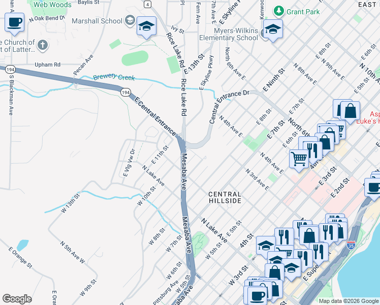 map of restaurants, bars, coffee shops, grocery stores, and more near 132 East 10th Street in Duluth