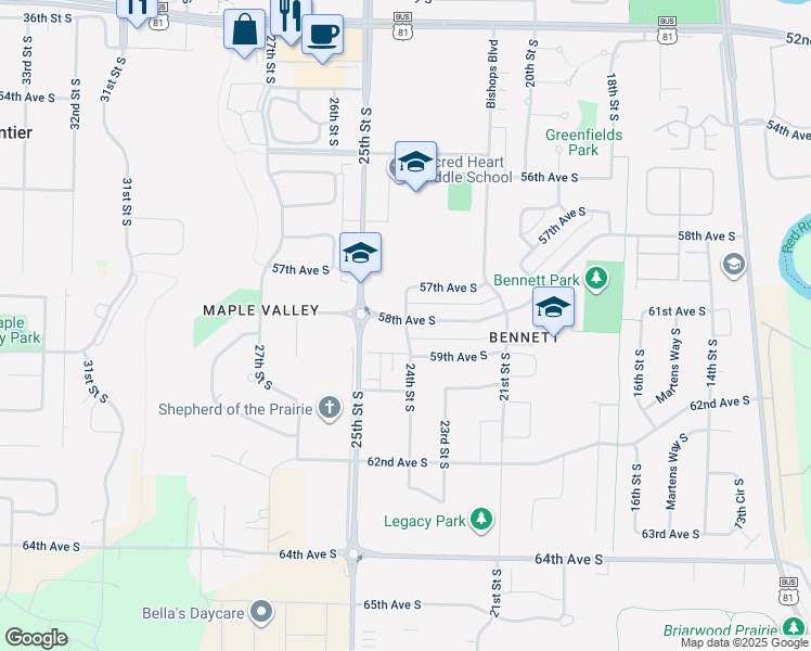 map of restaurants, bars, coffee shops, grocery stores, and more near 2385-2461 58th Ave S in Fargo