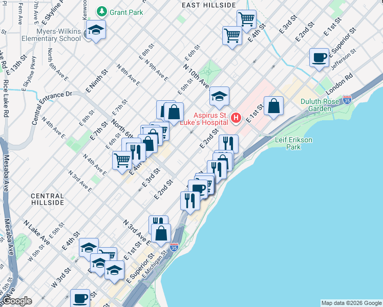 map of restaurants, bars, coffee shops, grocery stores, and more near 707 East 2nd Street in Duluth