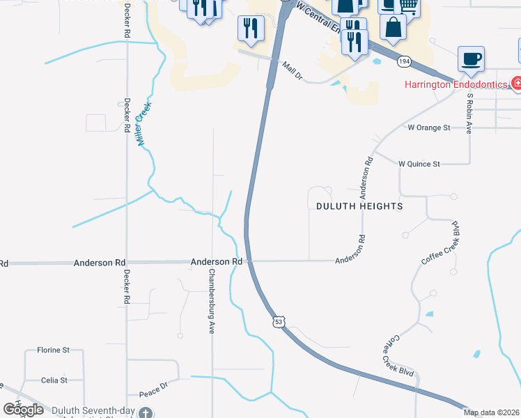 map of restaurants, bars, coffee shops, grocery stores, and more near 3934 Trinity Road in Duluth