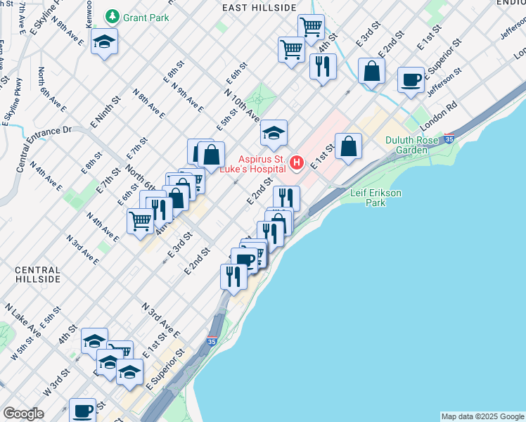 map of restaurants, bars, coffee shops, grocery stores, and more near 731 East 1st Street in Duluth
