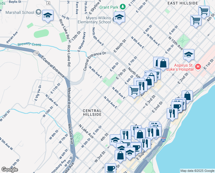map of restaurants, bars, coffee shops, grocery stores, and more near 327 East 7th Street in Duluth