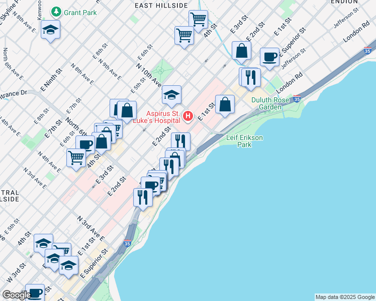 map of restaurants, bars, coffee shops, grocery stores, and more near 831 East Superior Street in Duluth