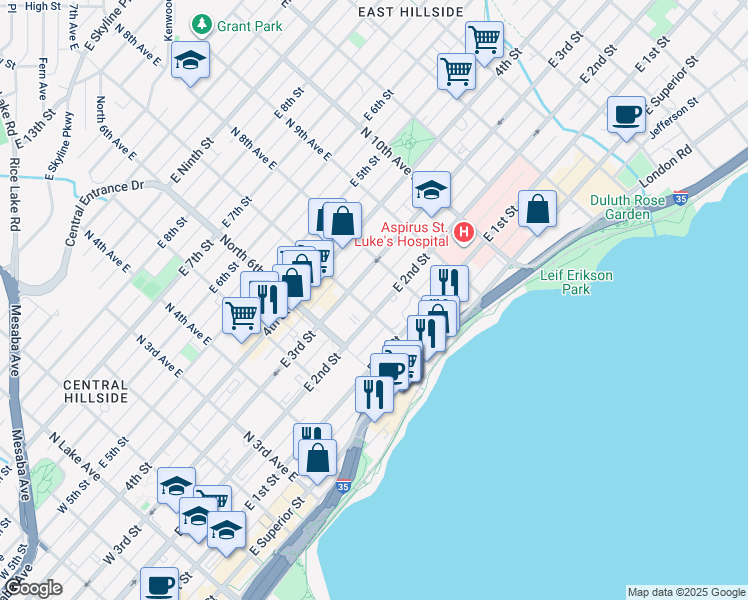 map of restaurants, bars, coffee shops, grocery stores, and more near 707 East 2nd Street in Duluth