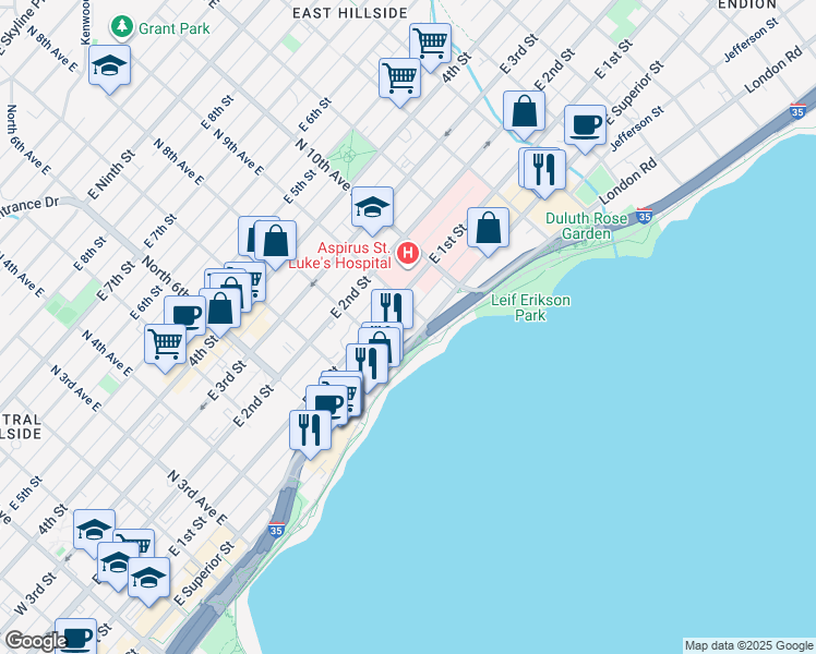 map of restaurants, bars, coffee shops, grocery stores, and more near 831 East Superior Street in Duluth