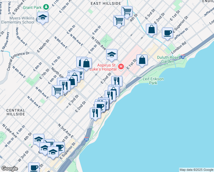 map of restaurants, bars, coffee shops, grocery stores, and more near 731 East 1st Street in Duluth