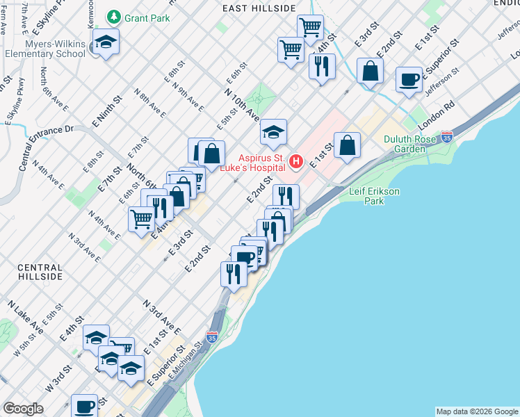 map of restaurants, bars, coffee shops, grocery stores, and more near 115 North 8th Avenue East in Duluth
