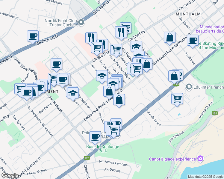 map of restaurants, bars, coffee shops, grocery stores, and more near 950 Avenue Joffre in Quebec