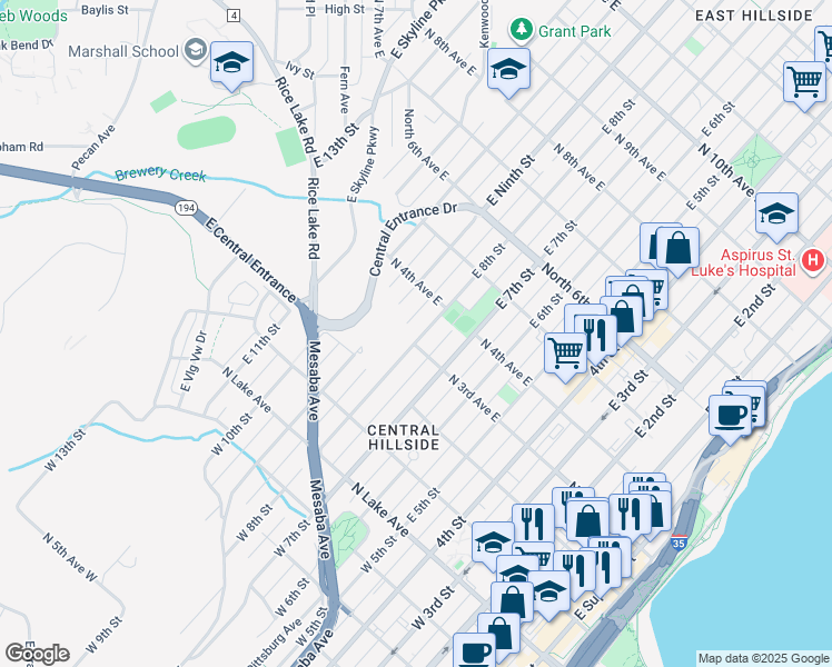 map of restaurants, bars, coffee shops, grocery stores, and more near 305 East 8th Street in Duluth