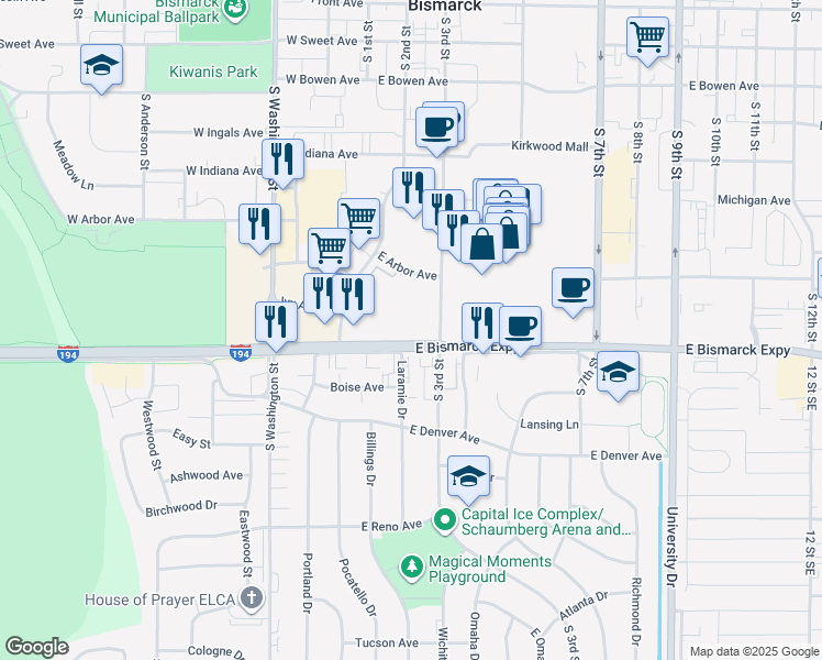 map of restaurants, bars, coffee shops, grocery stores, and more near 200 East Bismarck Expressway in Bismarck