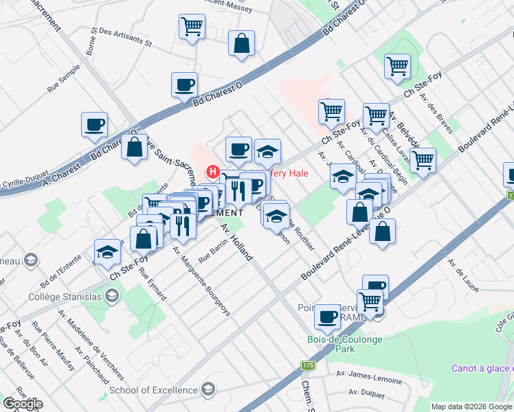 map of restaurants, bars, coffee shops, grocery stores, and more near 800 Avenue Ernest-Gagnon in Québec