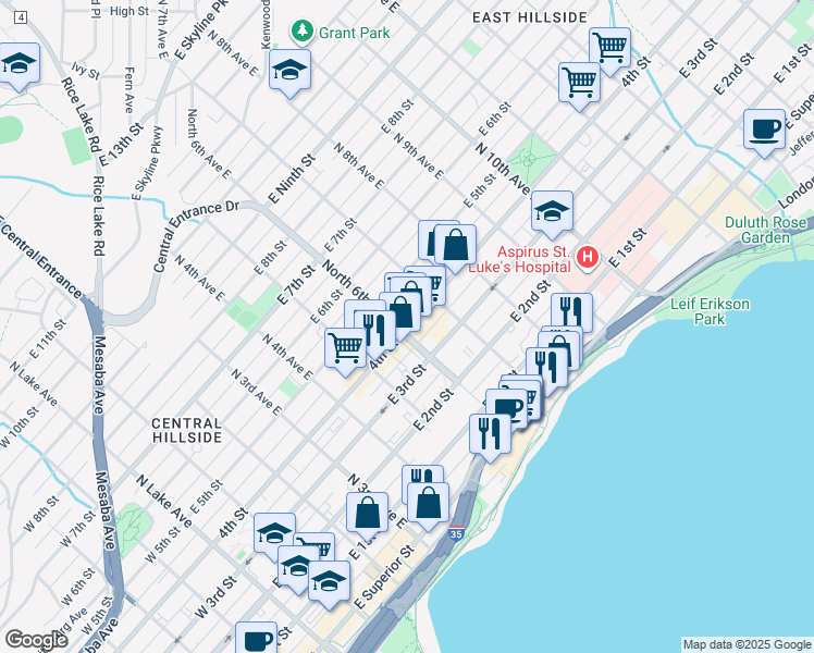 map of restaurants, bars, coffee shops, grocery stores, and more near 421 East 6th Street in Duluth