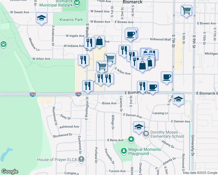 map of restaurants, bars, coffee shops, grocery stores, and more near 100 East Bismarck Expressway in Bismarck
