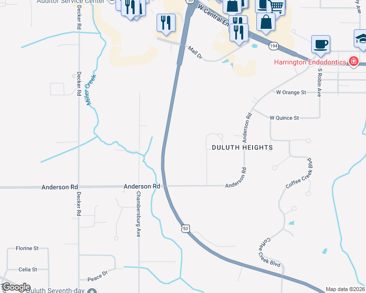 map of restaurants, bars, coffee shops, grocery stores, and more near 3934 Trinity Road in Duluth