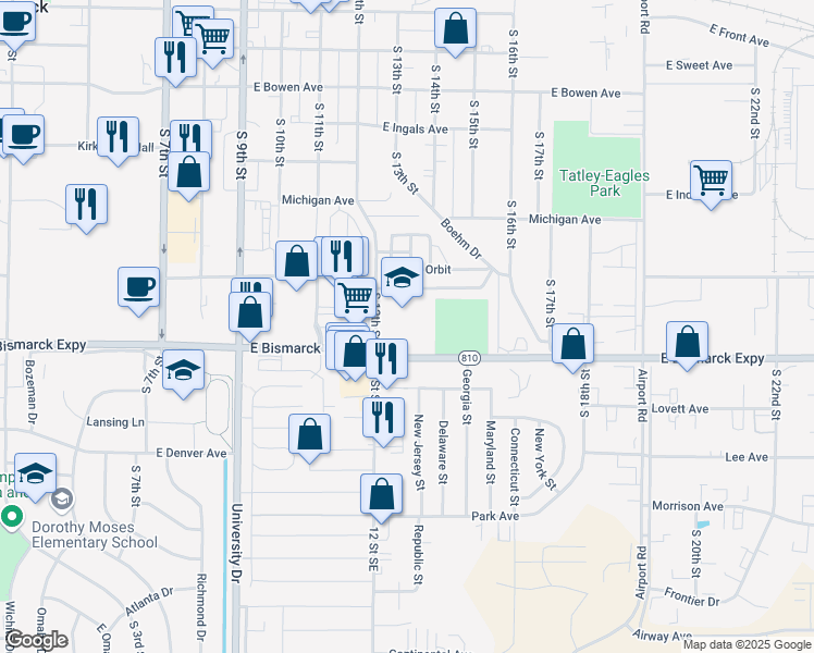 map of restaurants, bars, coffee shops, grocery stores, and more near 919 South 12th Street in Bismarck