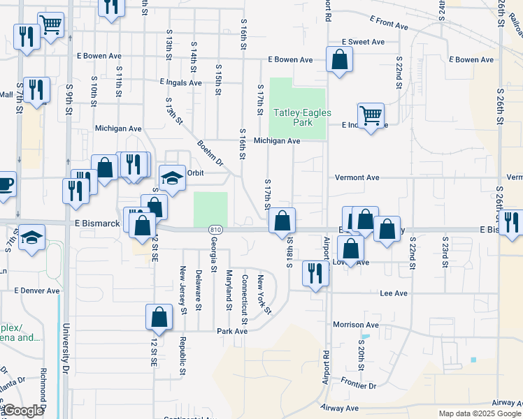 map of restaurants, bars, coffee shops, grocery stores, and more near 909 South 16th Street in Bismarck