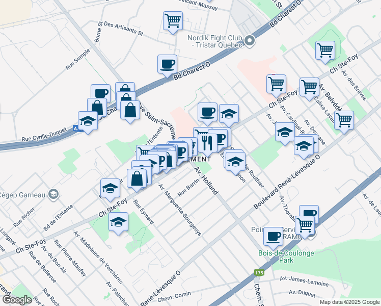 map of restaurants, bars, coffee shops, grocery stores, and more near 1300 Chemin Sainte-Foy in Québec