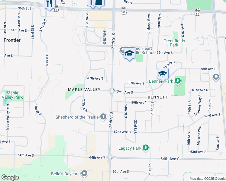 map of restaurants, bars, coffee shops, grocery stores, and more near 2461 58th Avenue South in Fargo