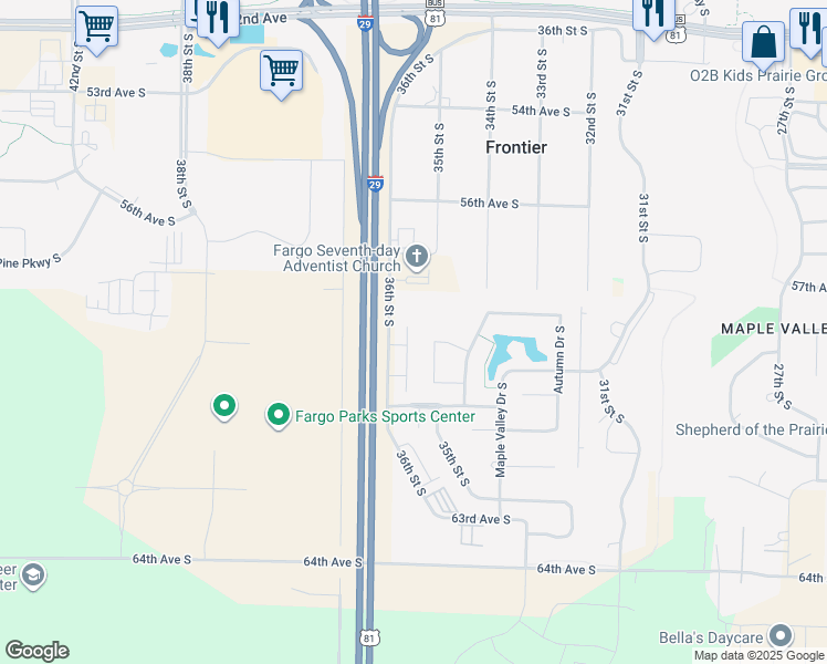 map of restaurants, bars, coffee shops, grocery stores, and more near 5866 36th Street South in Fargo