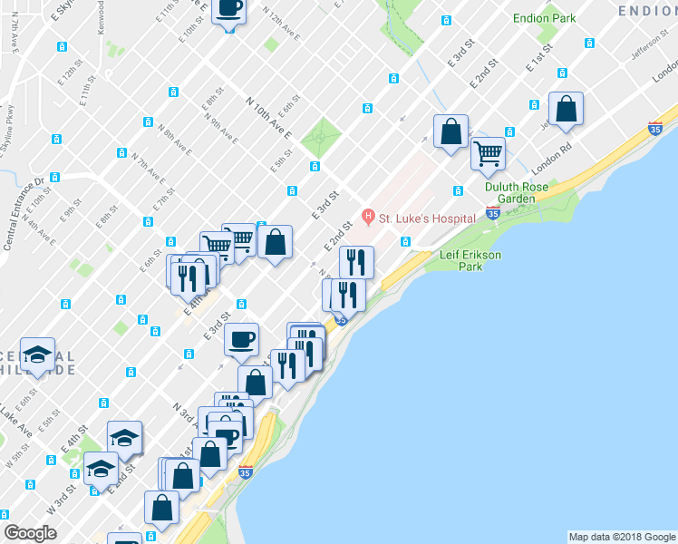 map of restaurants, bars, coffee shops, grocery stores, and more near 807 East 1st Street in Duluth
