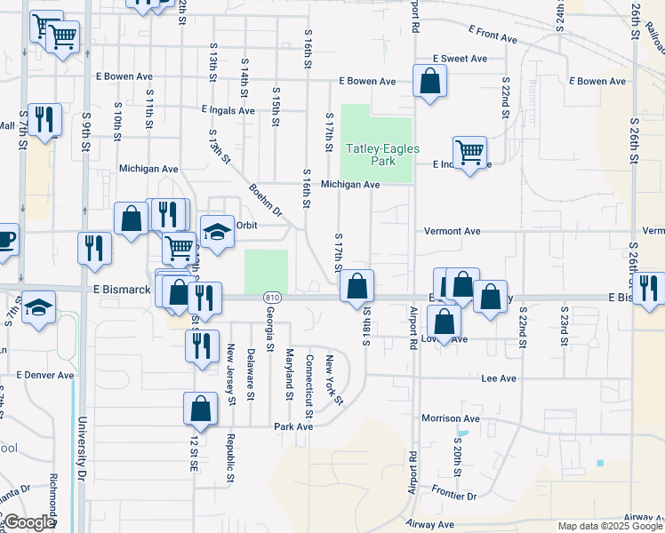map of restaurants, bars, coffee shops, grocery stores, and more near 909 South 16th Street in Bismarck