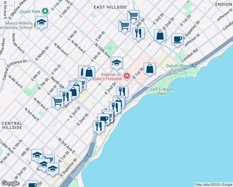 map of restaurants, bars, coffee shops, grocery stores, and more near 807 East 1st Street in Duluth
