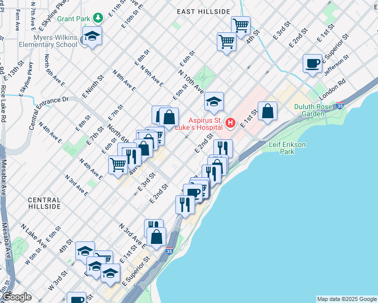 map of restaurants, bars, coffee shops, grocery stores, and more near 719 East 2nd Street in Duluth