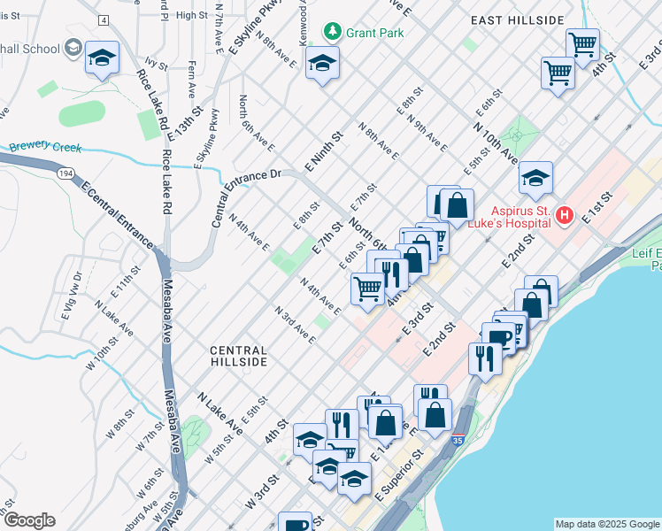 map of restaurants, bars, coffee shops, grocery stores, and more near 432 East 6th Street in Duluth