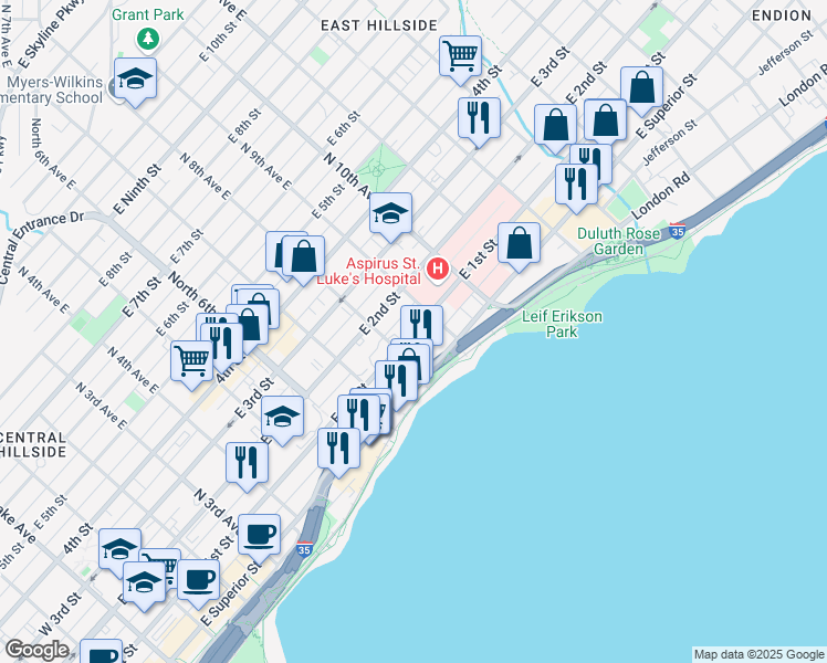 map of restaurants, bars, coffee shops, grocery stores, and more near 830 East 1st Street in Duluth