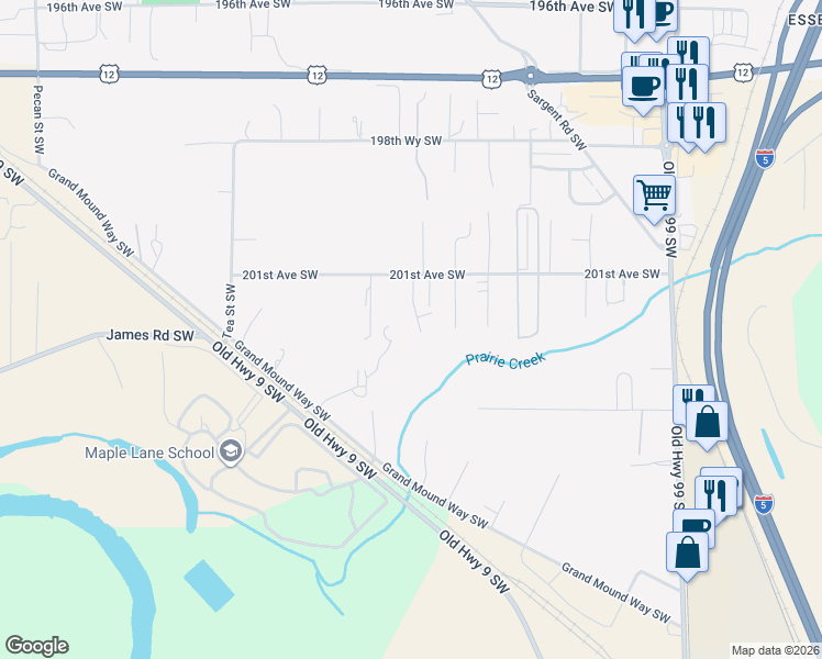 map of restaurants, bars, coffee shops, grocery stores, and more near 20119 Dakota Court in Centralia