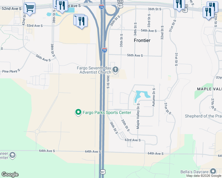 map of restaurants, bars, coffee shops, grocery stores, and more near 5866 36th Street South in Fargo