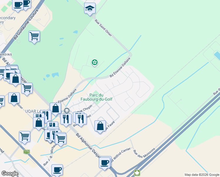 map of restaurants, bars, coffee shops, grocery stores, and more near 6022 Rue Berlioz in Lévis