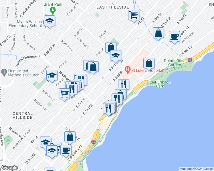 map of restaurants, bars, coffee shops, grocery stores, and more near 725 East 2nd Street in Duluth