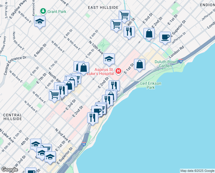 map of restaurants, bars, coffee shops, grocery stores, and more near 801 East 1st Street in Duluth