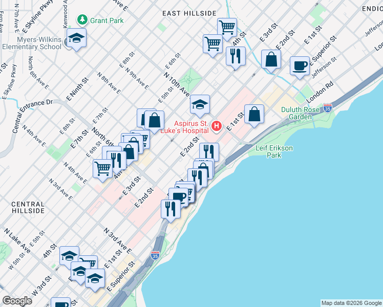 map of restaurants, bars, coffee shops, grocery stores, and more near 801 East 1st Street in Duluth