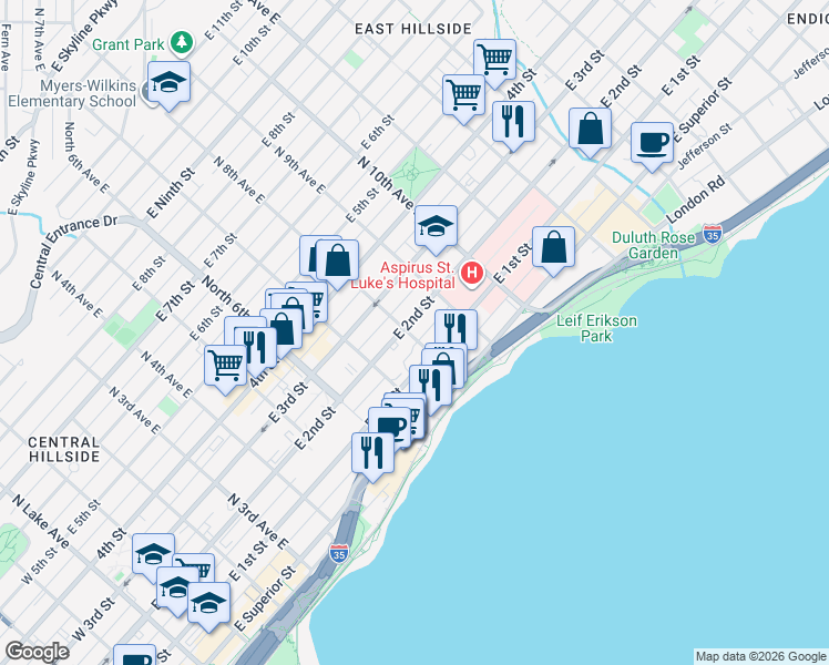 map of restaurants, bars, coffee shops, grocery stores, and more near 801 East 1st Street in Duluth