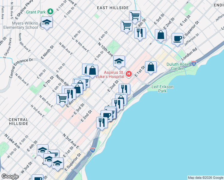 map of restaurants, bars, coffee shops, grocery stores, and more near 801 East 1st Street in Duluth