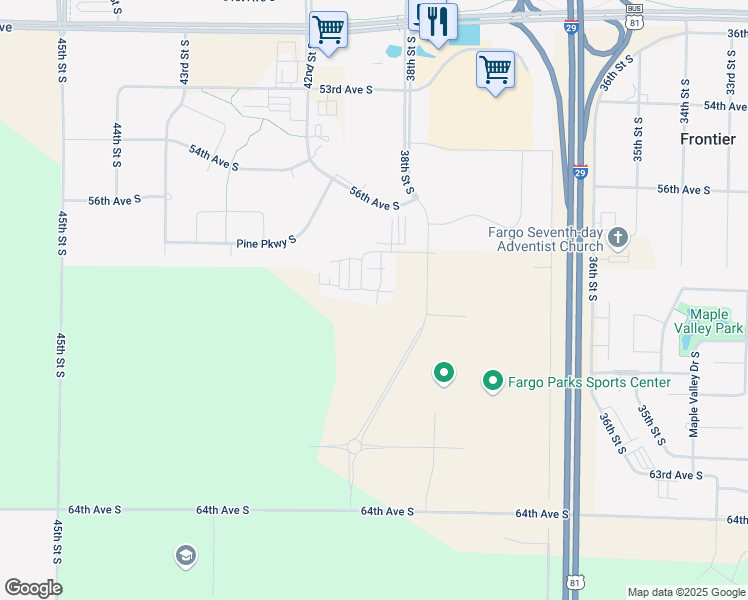 map of restaurants, bars, coffee shops, grocery stores, and more near 5800 41 Street South in Fargo