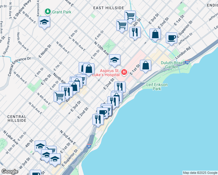map of restaurants, bars, coffee shops, grocery stores, and more near 801 East 1st Street in Duluth