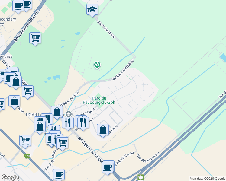 map of restaurants, bars, coffee shops, grocery stores, and more near 6022 Rue Berlioz in Lévis