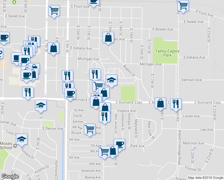 map of restaurants, bars, coffee shops, grocery stores, and more near 919 South 12th Street in Bismarck