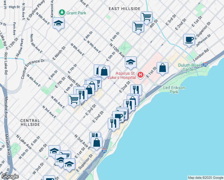 map of restaurants, bars, coffee shops, grocery stores, and more near 716 East 3rd Street in Duluth